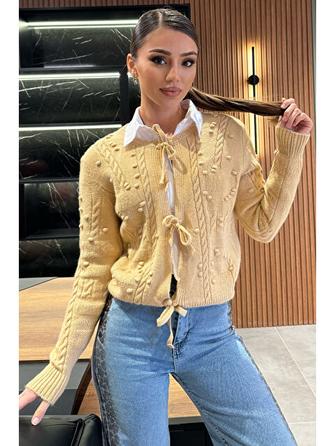 Gülseli Kadın Örgü Desenli Bağlamalı Triko Ceket - S000324595-19928