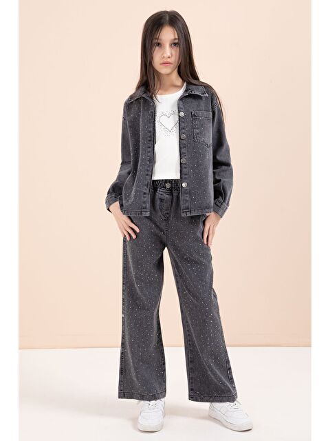 Cansın Mini Siyah Taşlı Jean Gömlekli Kız Çocuk Geniş Paça 3lü Jean Takım 23440 - S000490916-19351