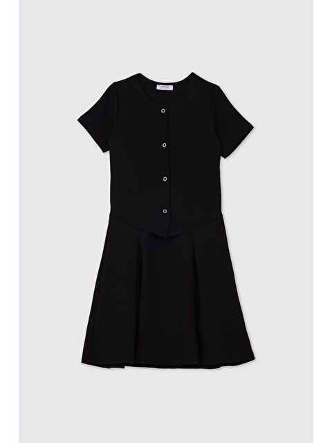 Panço Kız Çocuk Düğme Detaylı Örme Siyah Elbise - S000490936-19351