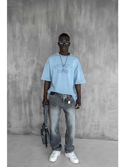 Abluka Online Erkek Önü Slogan İşlemeli Yıkamalı Oversize Tişört Açık Mavi - S000365699-17437