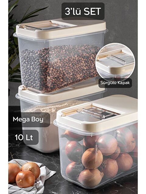 Meleni Home 3lü 10 Lt Mega Boy Mutfak Düzenleyici Erzak Un Saklama Kabı Kayar Kapaklı Saklama Kutusu Krem - S000387471-19966