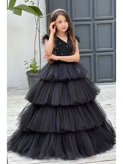 Riccotarz Kız Çocuk Gövdesi İnci Taş İşlemeli Kat Kat Tüllü Kolsuz Siyah Abiye - S000401414-19351