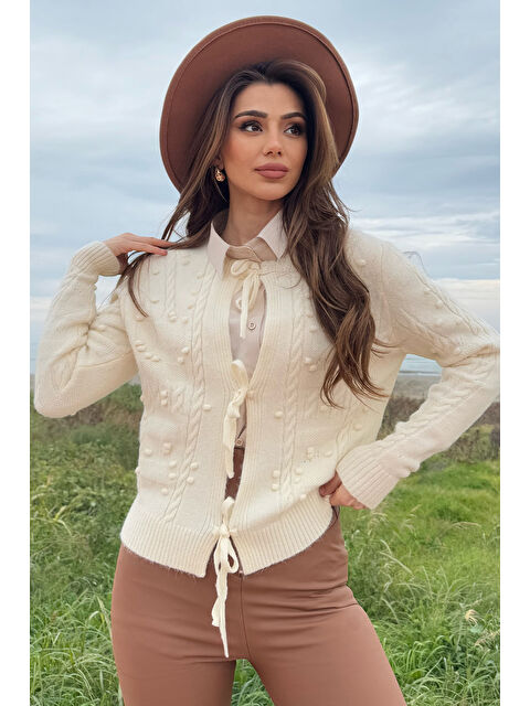 Gülseli Kadın Örgü Desenli Bağlamalı Triko Ceket - S000324595-19966