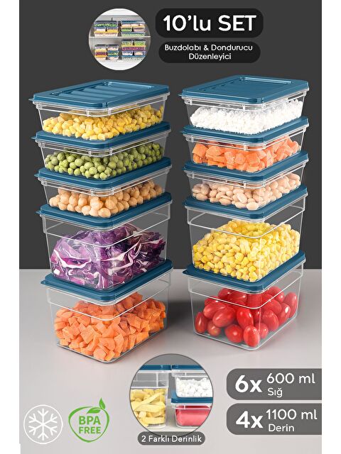 Meleni Home 10lu Mikrodalga Uyumlu Organizer Set Düzenleyici Gıda Erzak Saklama Kabı Derin ve Sığ S Mavi - S000387474-17234