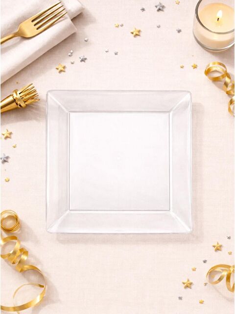 Parti Adresi Lüks Mika Kare Tabak Plastik Parti Tabağı Şeffaf 10'Lu