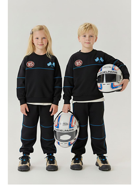 Magu Unisex Çocuk Pamuklu Siyah Mavi Şeritli Yarış Temalı Eşofman Takımı - Rahat Kalıp - S000451089-21164