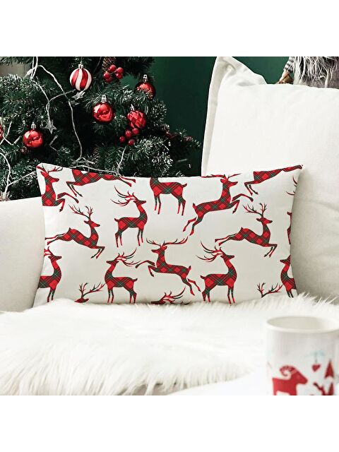 Evmila Yılbaşı Temalı Geyik Desenli Kadife Kırlent Kılıfı 35x55 cm - S000285227-23173