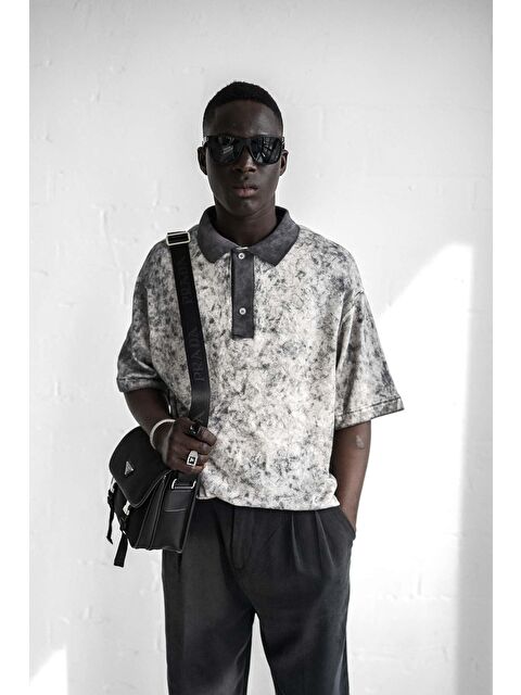 Abluka Online Erkek Düğmeli Polo Yaka Desenli Oversize Triko Tişört Siyah - S000365700-19351