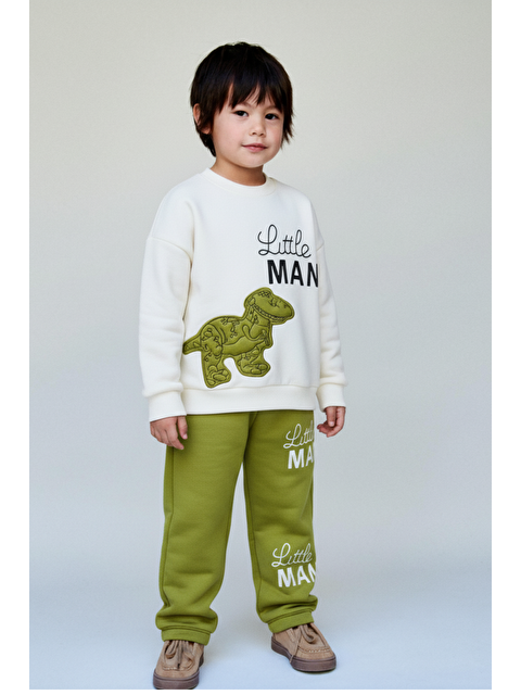 Magu Erkek Çocuk Pamuklu Yeşil Little Man Dinozor Baskılı Eşofman Takımı - Rahat Kalıp Model - S000451521-23173