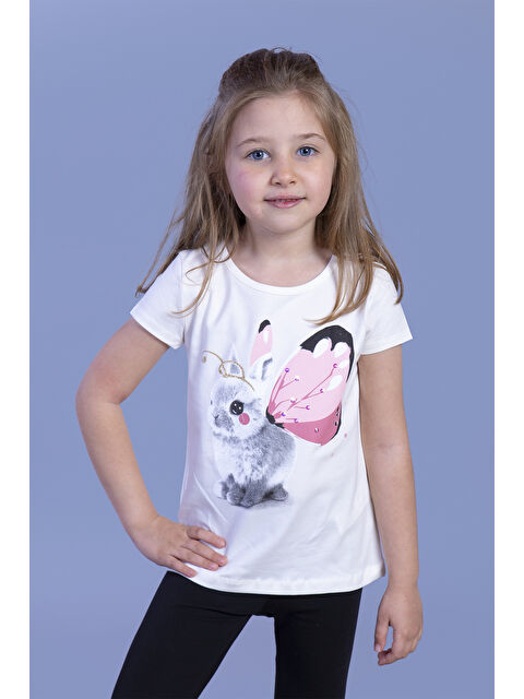Toontoykids Kız Çocuk Tavşan Baskılı Pul İşlemeli Tişört