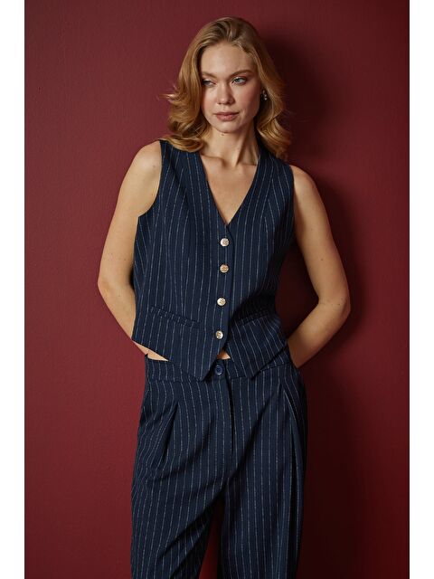 Fullamoda Çizgili Düğmeli Yelek - S000490939-21164