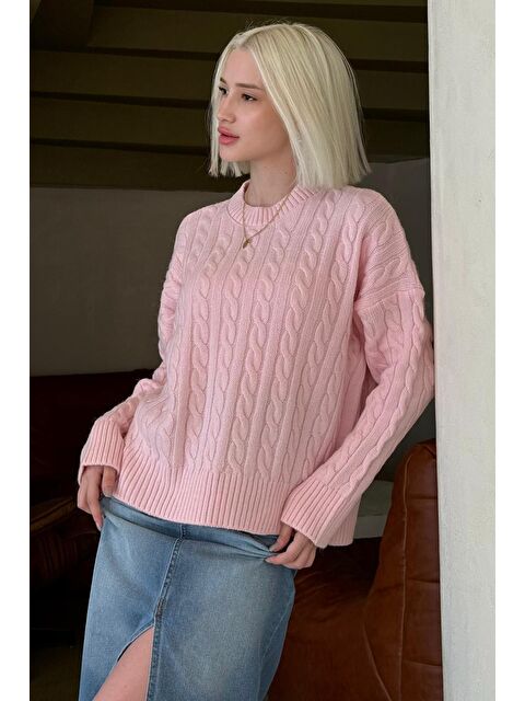 Madmext Pembe Bisiklet Yaka Örgü Desenli Kadın Triko Kazak Mg2520 - S000437750-20024