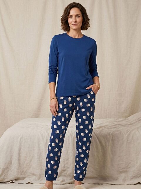 Trendseninle Mavi %100 Saf Pamuk Uzun Kollu Alt Desenli Pijama Takım