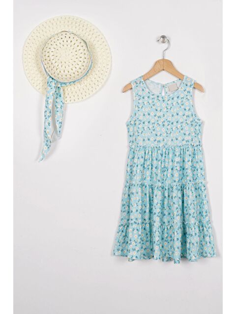 Zepkids Bisiklet Yaka Sıfır Kol Şapka Aksesuarlı Turkuaz Renk Kız Çocuk Elbise - S000356430-20055