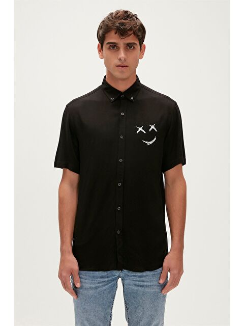 Bad Bear Smile Shirt Siyah Kısa Kollu Baskılı Erkek Gömlek