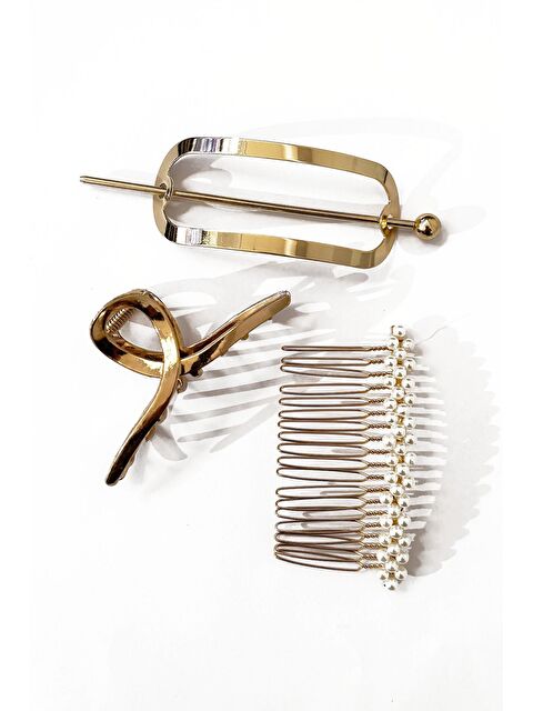 New Obsessions Altın Ve İnci Detaylı 3'lü Topuz Toka Seti - S000465408-20076