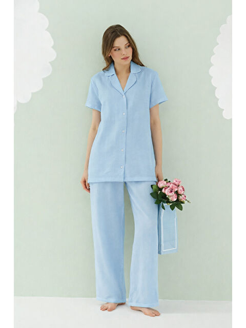 NBB Mavi Serena Önden Düğmeli Pijama Takım
