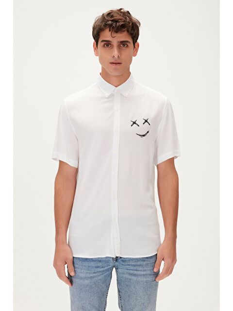 Bad Bear Smile Shirt Off-White Beyaz Kısa Kollu Baskılı Erkek Gömlek