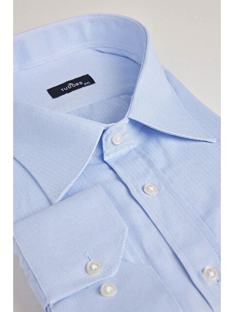 TUDORS Büyük Beden Uzun Kollu Kolay Ütü Kravatlık Armürlü Pamuklu Erkek Mavi Gömlek