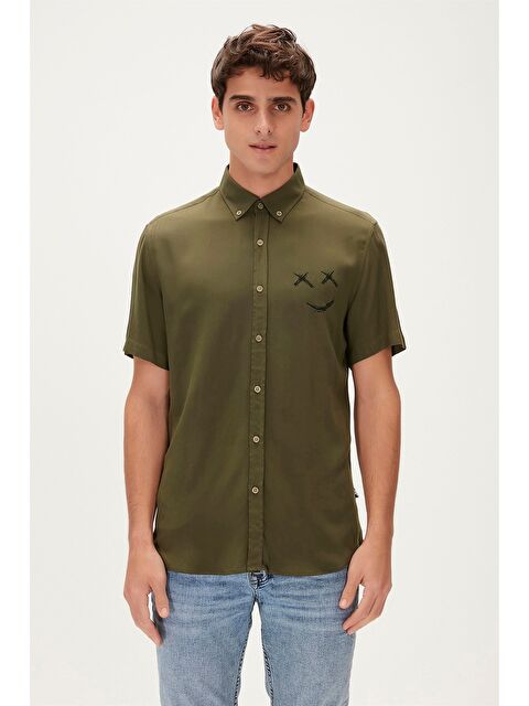 Bad Bear Smile Shirt Haki Yeşil Kısa Kollu Baskılı Erkek Gömlek