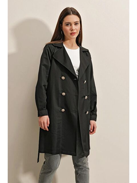 Hazelin Kadın Siyah Kruvaze Yaka Kemerli Astarsız Mevsimlik Rahat Kısa Trençkot Hzl23S-BD158641 - S000059175-19351