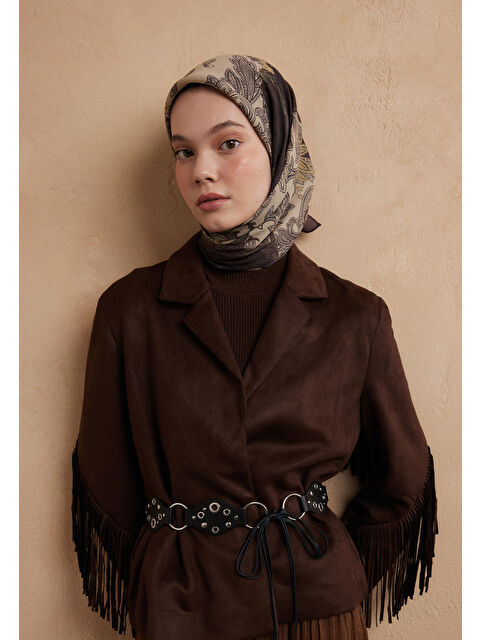 Fresh Scarfs Darıa Desen Pamuk İpek Eşarp Kızıl Kahve - S000423213-19957