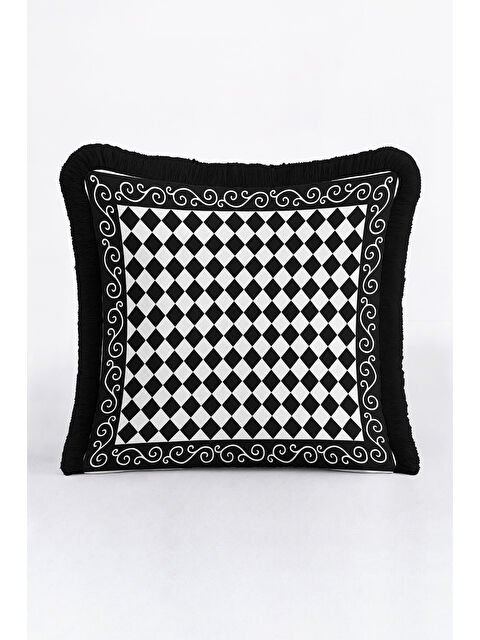 Milbay Grup Harlequin Geometrik Saçaklı Yastık Kılıfı - Siyah Beyaz Klasik Modern Püsküllü Kırlent Kılıfı