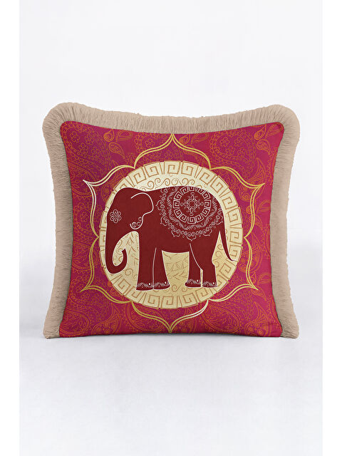 Milbay Grup Hintli Mandala Fil Saçaklı Yastık Kılıfı - Etnik Bohem Kırmızı Sarı Gold Püsküllü Kırlent Kılıfı