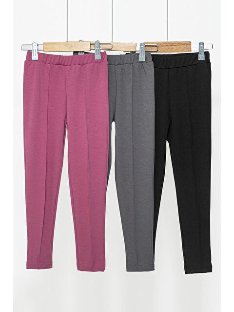 For You Kids Dikişli Elastanlı İnterlok Tayt 3'lü Fuşya Gri Siyah - S000147397-3488