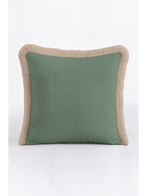 Milbay Grup Zengin Kadife Lüks Saçaklı Yastık Kılıfı - Bohem Doğal Yeşil Bej Püsküllü Kırlent Kılıfı