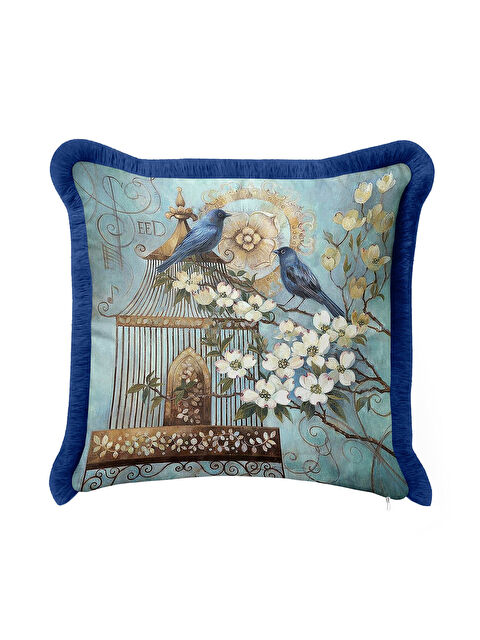 Milbay Grup Zarif Kuşlu Çiçekli Saçaklı Yastık Kılıfı - Vintage Bahar Rustik Mavi Altın Püsküllü Kırlent Kılıfı