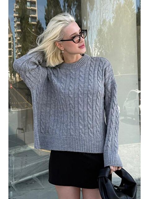 Madmext Gri Bisiklet Yaka Örgü Desenli Kadın Triko Kazak Mg2520 - S000437750-20600