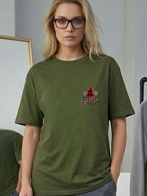Trendseninle Haki Merry Chrismas Baskılı Tişört