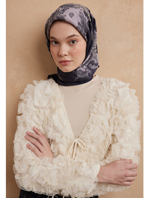 Fresh Scarfs Darıa Desen Pamuk İpek Eşarp Koyu Lavanta - S000423213-475