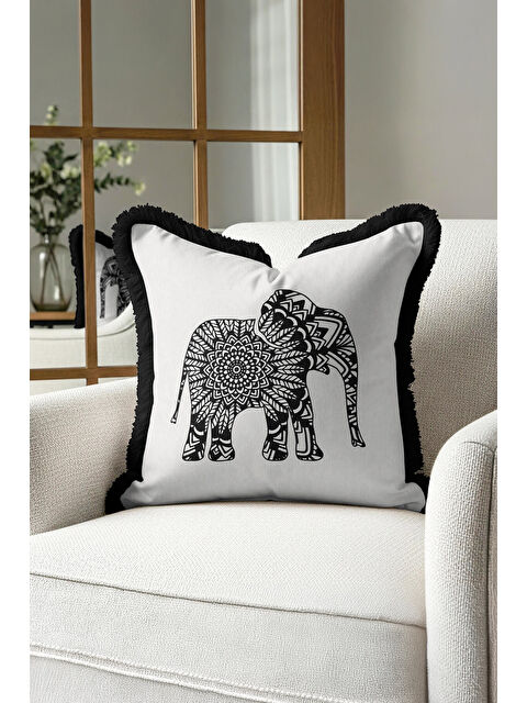 Milbay Grup Mandala Fil Motifli Saçaklı Yastık Kılıfı - Bohem Siyah Beyaz Püsküllü Kırlent Kılıfı