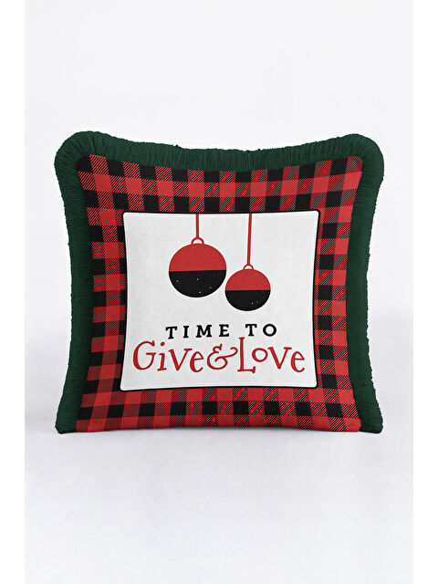 Milbay Grup Lüks Kırmızı Ekose Saçaklı Yastık Kılıfı - Rustik Yeni Yıl Temalı Yeşil Püsküllü Kırlent Kılıfı
