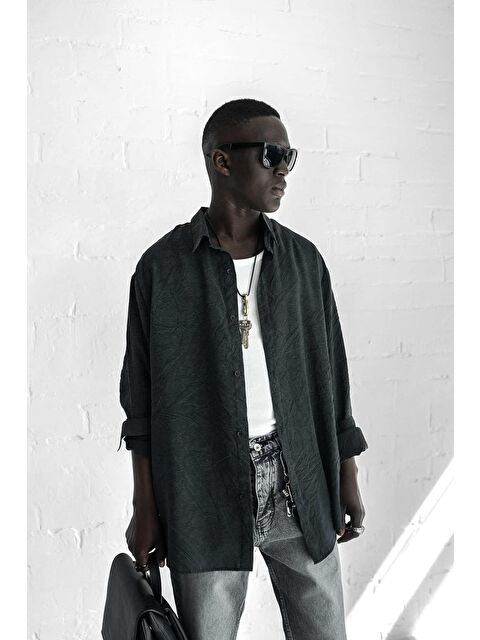 Abluka Online Erkek Oversize Yıkamalı Rahat Gömlek Siyah - S000365701-19351