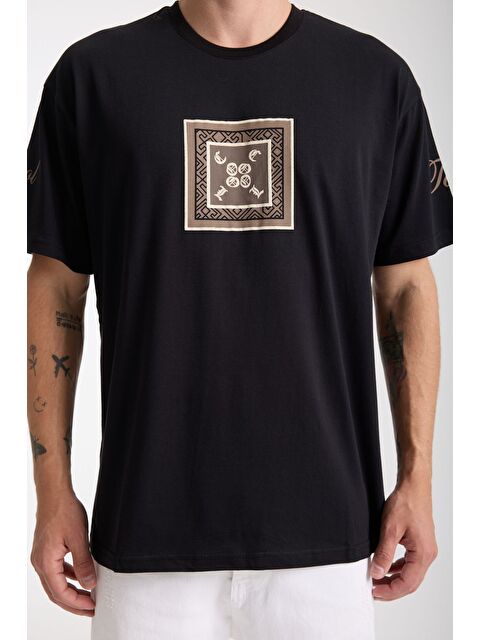 Tarz Cool Erkek Siyah Cool Ön Ve Arka Baskılı Oversize Bisiklet Yaka Tişört - S000385335-19351