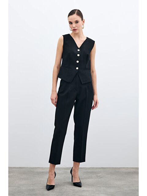 SATEEN Yüksek Bel Pensli Pantolon - Siyah