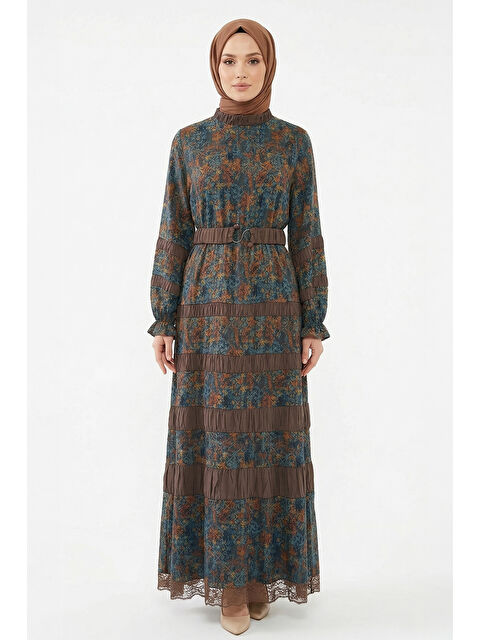 Remsa Levidor Kemer ve Boncuk Detay Etnik Desenli Elbise 330341 Turkuaz