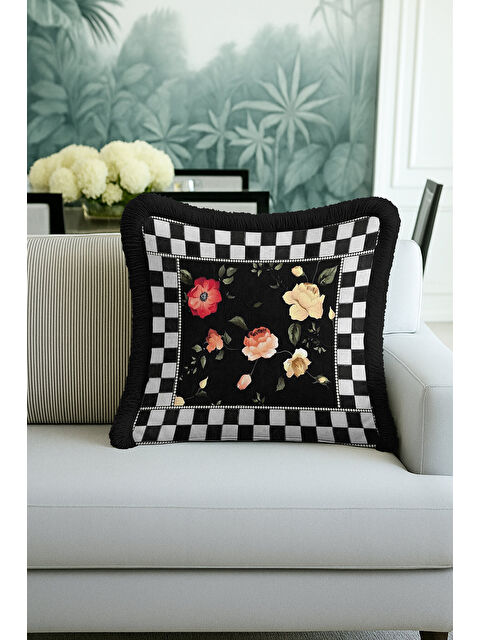 Milbay Grup Zarif Çiçekli Saçaklı Yastık Kılıfı - Monokrom Bohem Siyah Püsküllü Kırlent Kılıfı