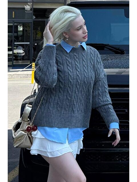 Madmext Antrasit Bisiklet Yaka Örgü Desenli Kadın Triko Kazak Mg2520 - S000437750-29666