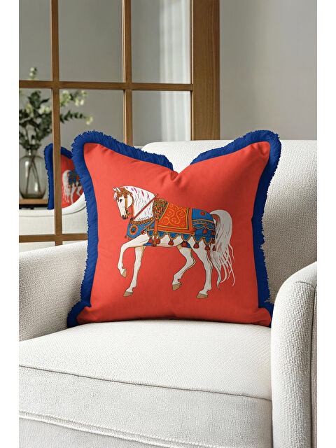 Milbay Grup Saray İhtişamlı Saçaklı Yastık Kılıfı - Asil At Figürü Bohem Kırmızı Lacivert Püsküllü Kırlent Kılıf