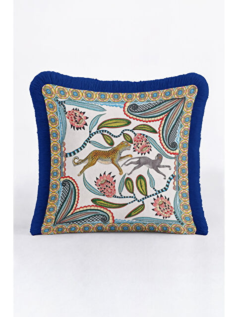 Milbay Grup Egzotik Çiçekli Leopar Saçaklı Yastık Kılıfı - Safari Temalı Bohem Mavi Püsküllü Kırlent Kılıfı