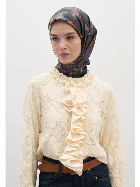 Fresh Scarfs Evelyne Desen Pamuklu Viskon Eşarp Lacivert - S000458590-21164