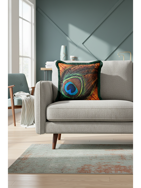 Milbay Grup Zümrüt Yeşili Tavus Tüyü Saçaklı Yastık Kılıfı - Bohem Lüks Turuncu Yeşil Püsküllü Kırlent Kılıfı