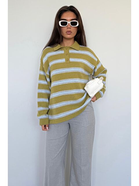 Madmext Yeşil Polo Yaka Çizgili Kadın Triko Kazak Mg2469 - S000437748-18194