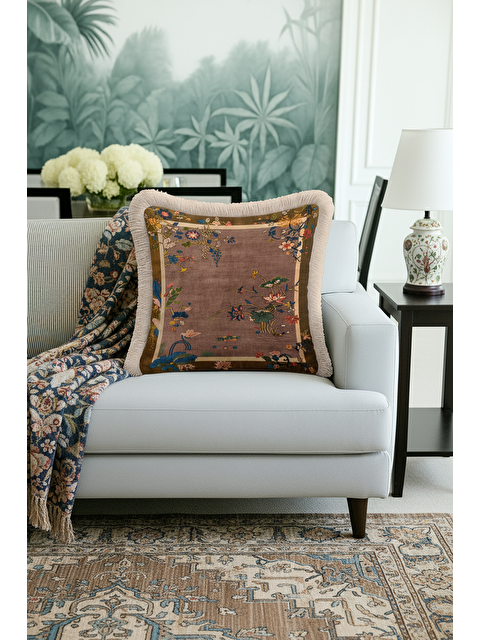 Milbay Grup Zarif Çiçek Motifli Saçaklı Yastık Kılıfı - Vintage Bohem Su Yeşili ve Gold Püsküllü Kırlent Kılıfı