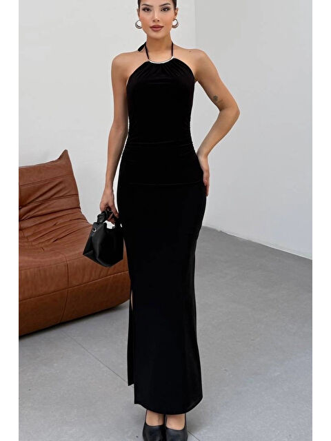 eka Kadın Siyah Aksesuarlı Lastikli Uzun Elbise 13956