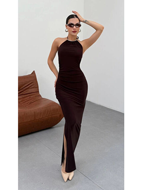 eka Kadın Kahve Aksesuarlı Lastikli Uzun Elbise 13956
